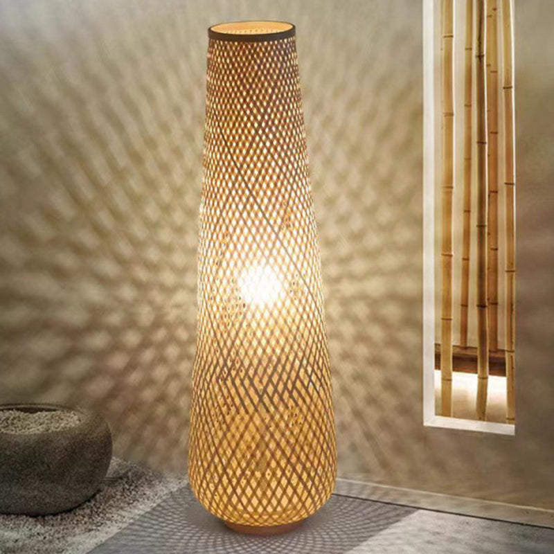 Traditional Japanese Bamboo Weaving Floor Lamp - 1-Light Hollow Column for Dining Room Decor