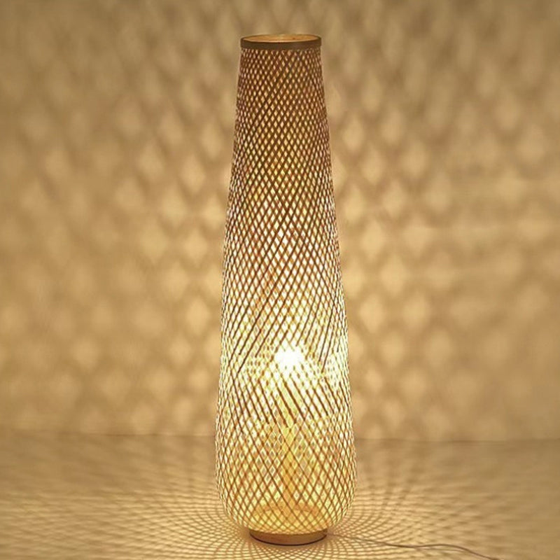Traditional Japanese Bamboo Weaving Floor Lamp - 1-Light Hollow Column for Dining Room Decor