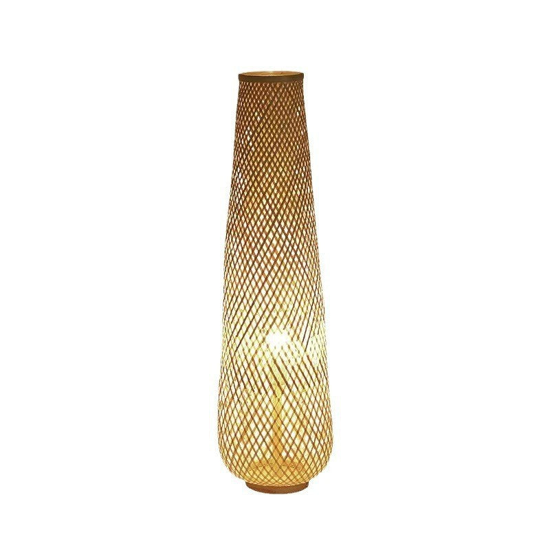 Traditional Japanese Bamboo Weaving Floor Lamp - 1-Light Hollow Column for Dining Room Decor