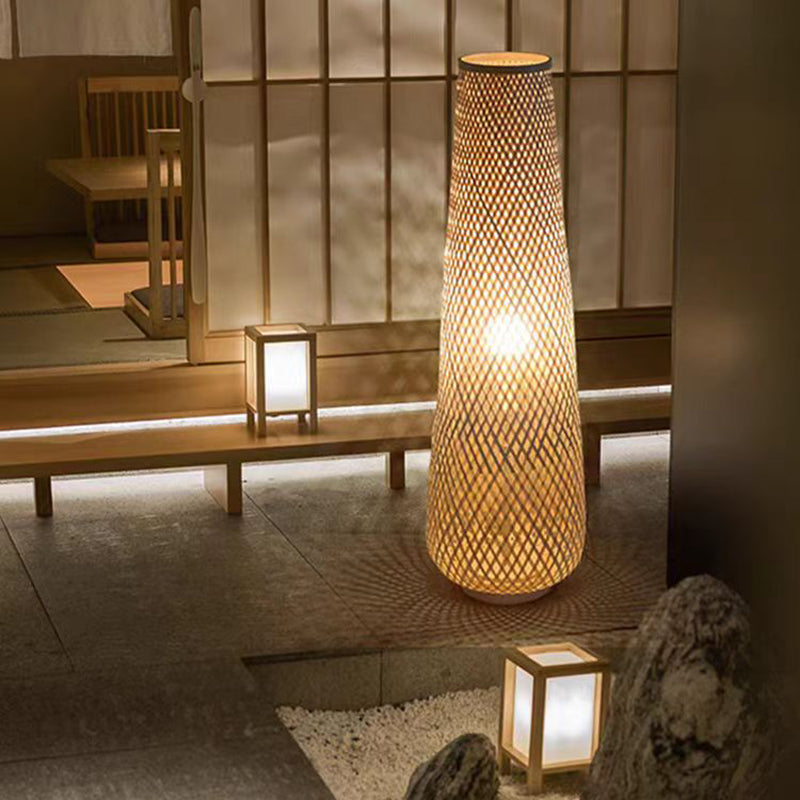 Traditional Japanese Bamboo Weaving Floor Lamp - 1-Light Hollow Column for Dining Room Decor