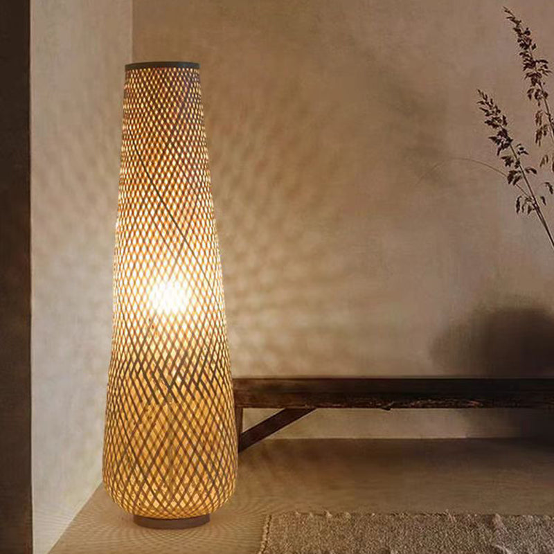 Traditional Japanese Bamboo Weaving Floor Lamp - 1-Light Hollow Column for Dining Room Decor