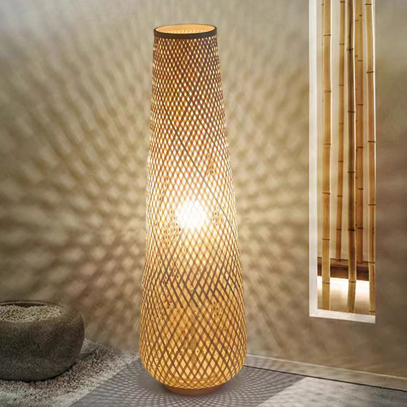 Traditional Japanese Bamboo Weaving Floor Lamp - 1-Light Hollow Column for Dining Room Decor