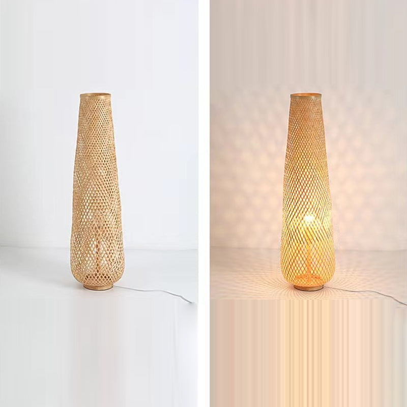 Traditional Japanese Bamboo Weaving Floor Lamp - 1-Light Hollow Column for Dining Room Decor