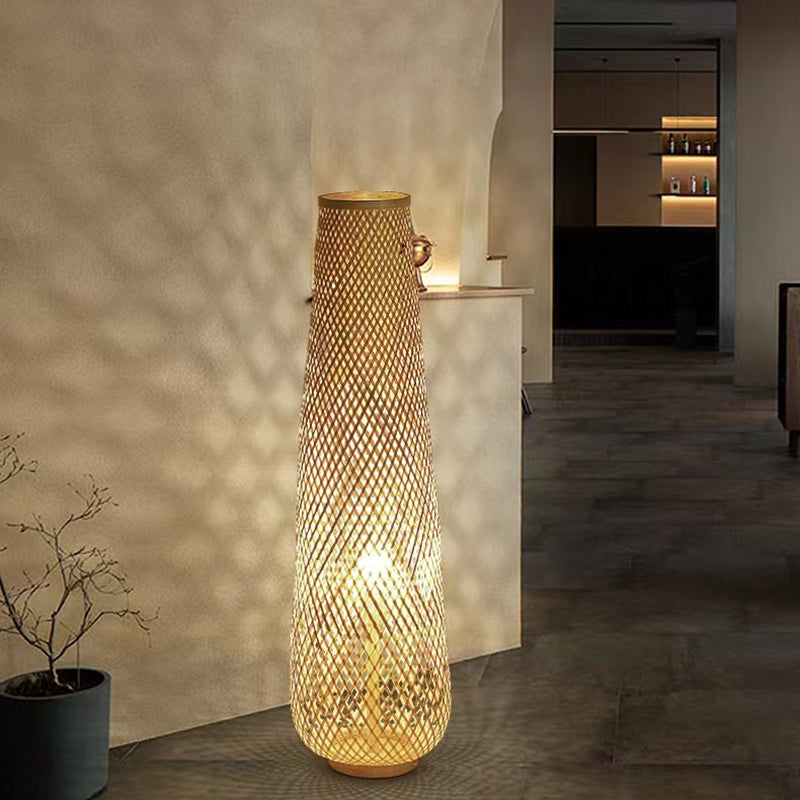 Traditional Japanese Bamboo Weaving Floor Lamp - 1-Light Hollow Column for Dining Room Decor