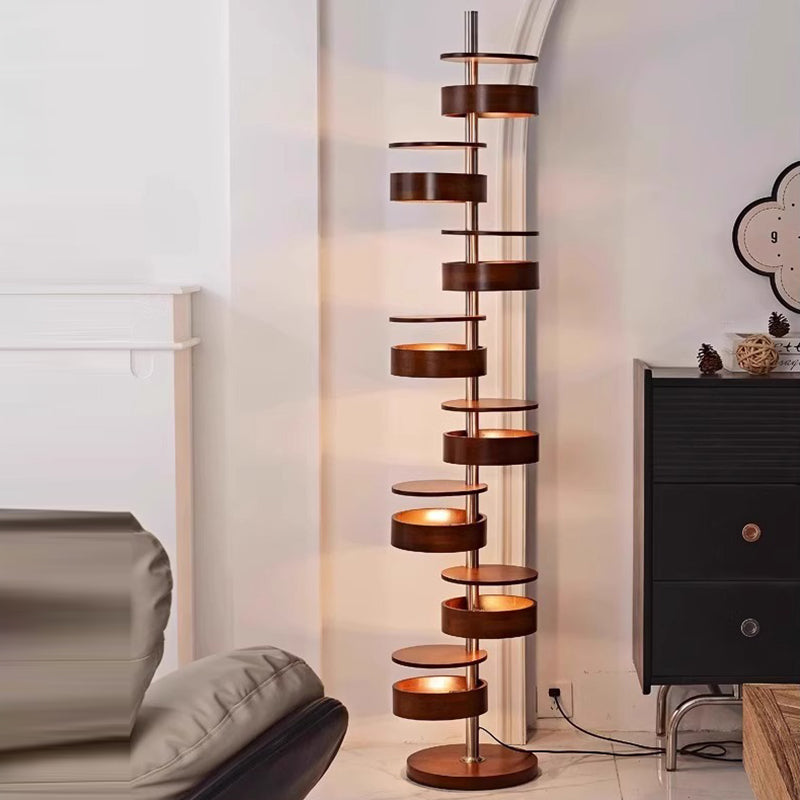 Traditional French Ash Wood Circle Ring Floor Lamp - 8-Light Stainless Steel Stacking Design for Home Office
