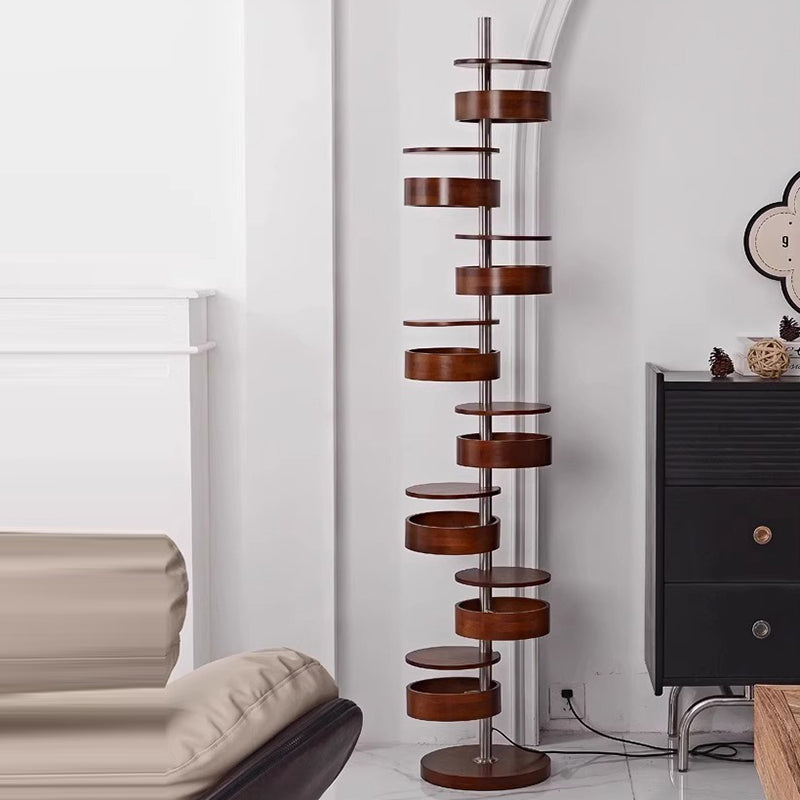 Traditional French Ash Wood Circle Ring Floor Lamp - 8-Light Stainless Steel Stacking Design for Home Office