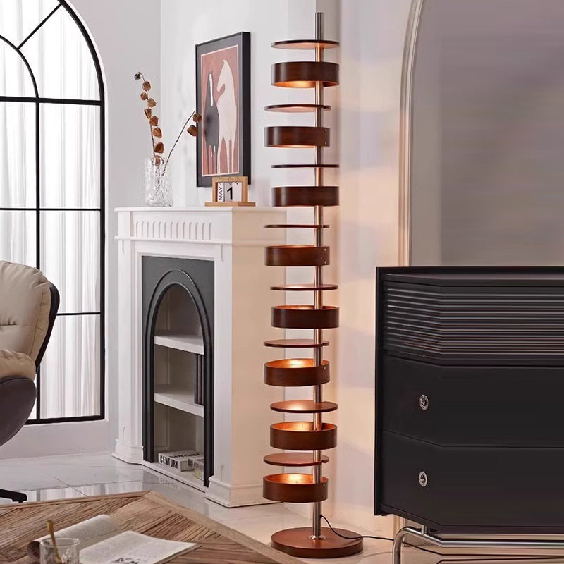 Traditional French Ash Wood Circle Ring Floor Lamp - 8-Light Stainless Steel Stacking Design for Home Office