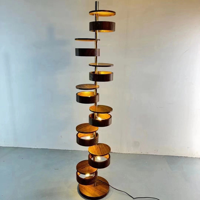 Traditional French Ash Wood Circle Ring Floor Lamp - 8-Light Stainless Steel Stacking Design for Home Office