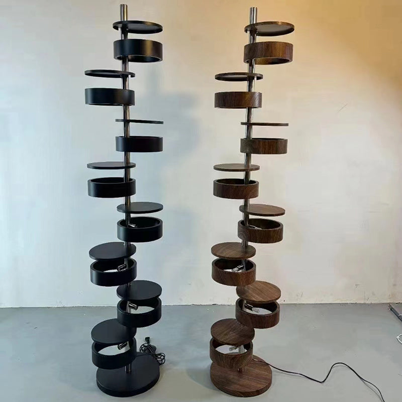 Traditional French Ash Wood Circle Ring Floor Lamp - 8-Light Stainless Steel Stacking Design for Home Office