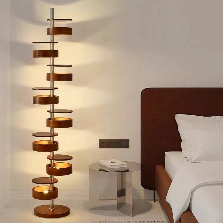 Traditional French Ash Wood Circle Ring Floor Lamp - 8-Light Stainless Steel Stacking Design for Home Office