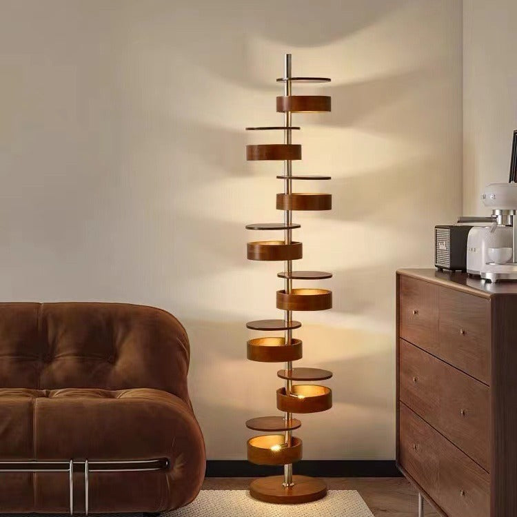 Traditional French Ash Wood Circle Ring Floor Lamp - 8-Light Stainless Steel Stacking Design for Home Office
