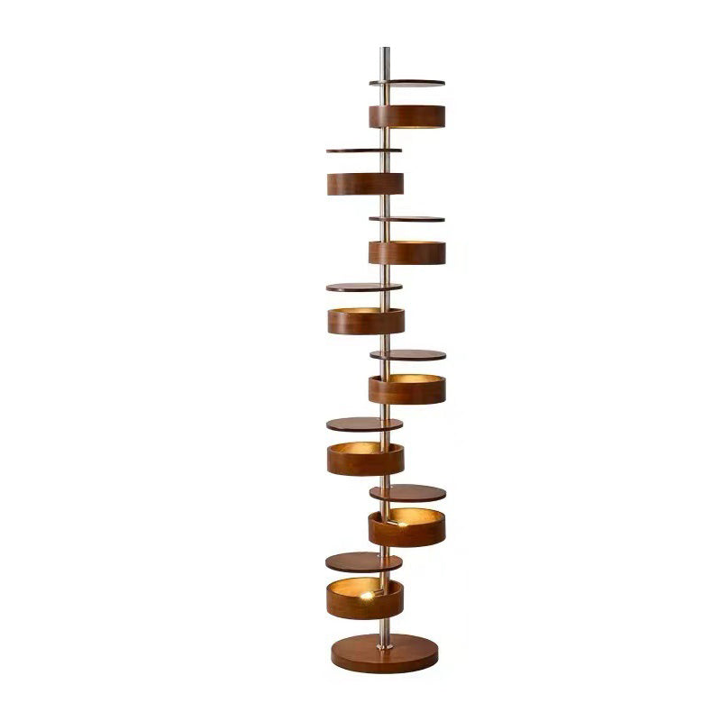 Traditional French Ash Wood Circle Ring Floor Lamp - 8-Light Stainless Steel Stacking Design for Home Office