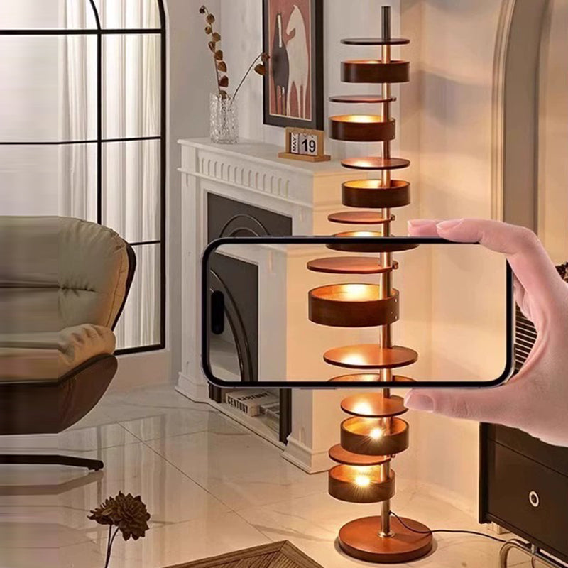 Traditional French Ash Wood Circle Ring Floor Lamp - 8-Light Stainless Steel Stacking Design for Home Office