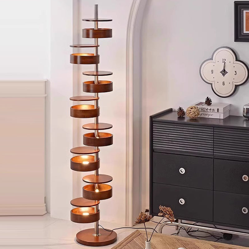 Traditional French Ash Wood Circle Ring Floor Lamp - 8-Light Stainless Steel Stacking Design for Home Office