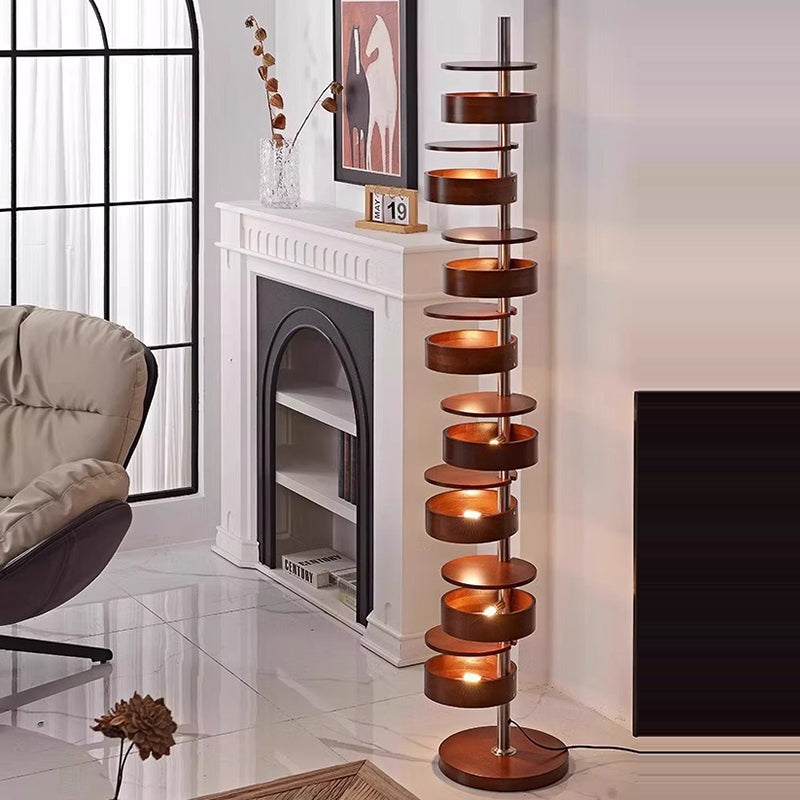 Traditional French Ash Wood Circle Ring Floor Lamp - 8-Light Stainless Steel Stacking Design for Home Office