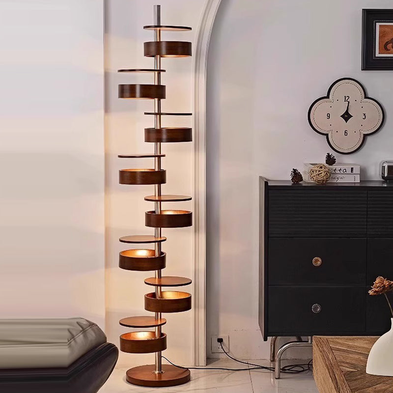 Traditional French Ash Wood Circle Ring Floor Lamp - 8-Light Stainless Steel Stacking Design for Home Office