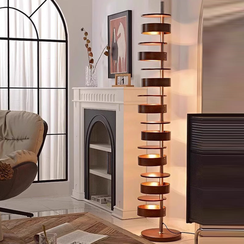 Traditional French Ash Wood Circle Ring Floor Lamp - 8-Light Stainless Steel Stacking Design for Home Office