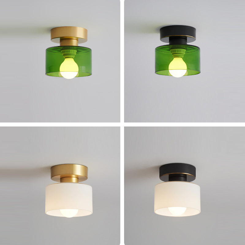 Contemporary Nordic Full Copper Glass Cylinder Semi-Flush Mount Light for Living Room