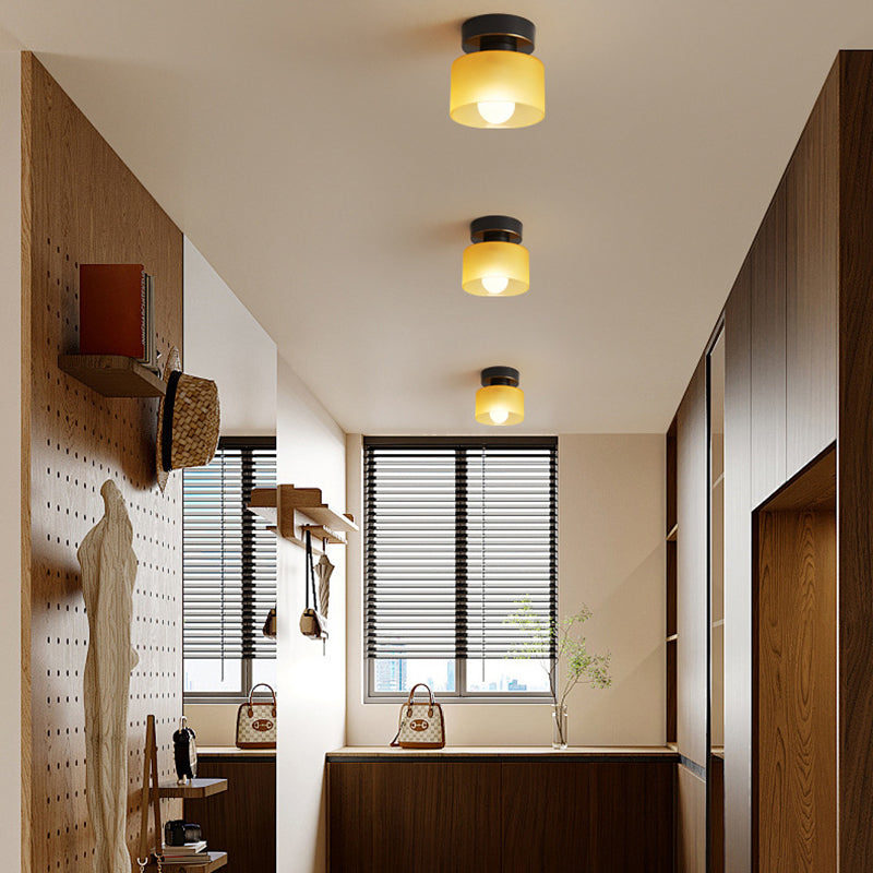 Contemporary Nordic Full Copper Glass Cylinder Semi-Flush Mount Light for Living Room