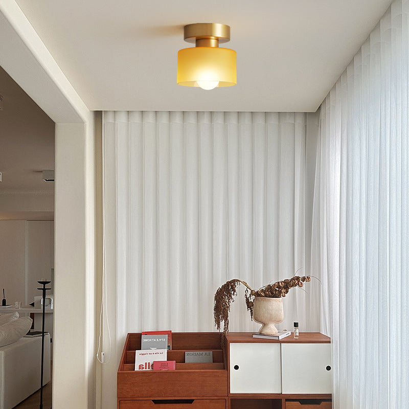 Contemporary Nordic Full Copper Glass Cylinder Semi-Flush Mount Light for Living Room
