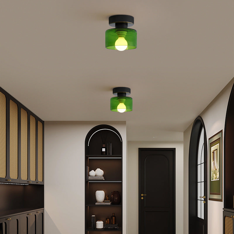 Contemporary Nordic Full Copper Glass Cylinder Semi-Flush Mount Light for Living Room