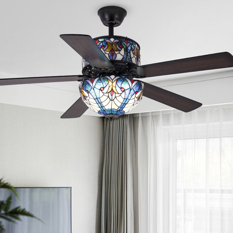 Tiffany Stained Glass Dome Ceiling Fan Light with 5 Downrods for Living Room