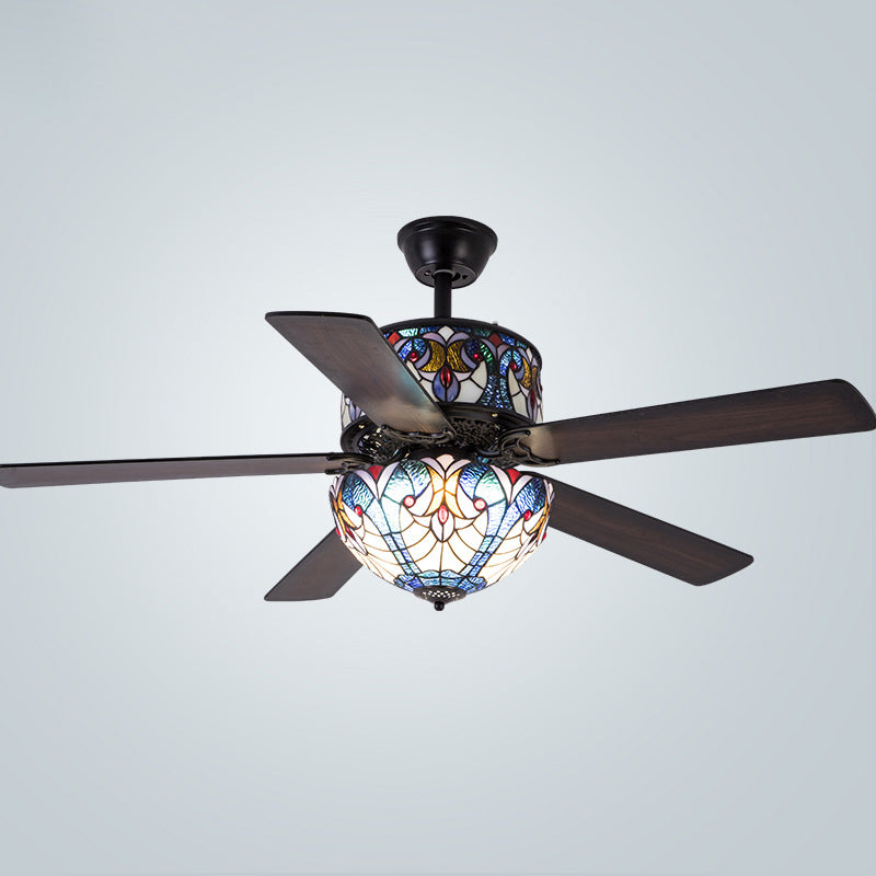 Tiffany Stained Glass Dome Ceiling Fan Light with 5 Downrods for Living Room