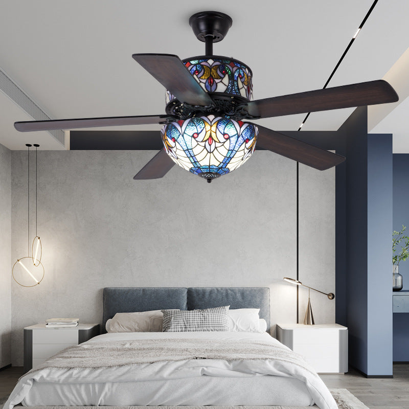 Tiffany Stained Glass Dome Ceiling Fan Light with 5 Downrods for Living Room