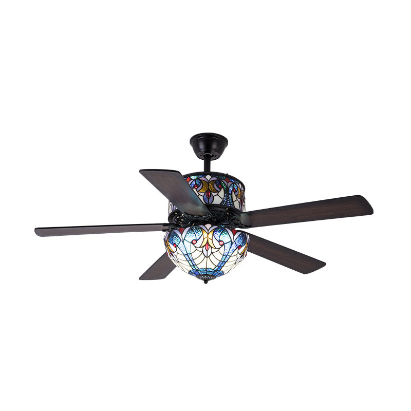 Tiffany Stained Glass Dome Ceiling Fan Light with 5 Downrods for Living Room