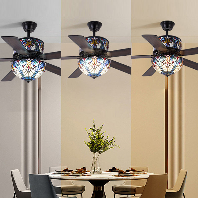 Tiffany Stained Glass Dome Ceiling Fan Light with 5 Downrods for Living Room