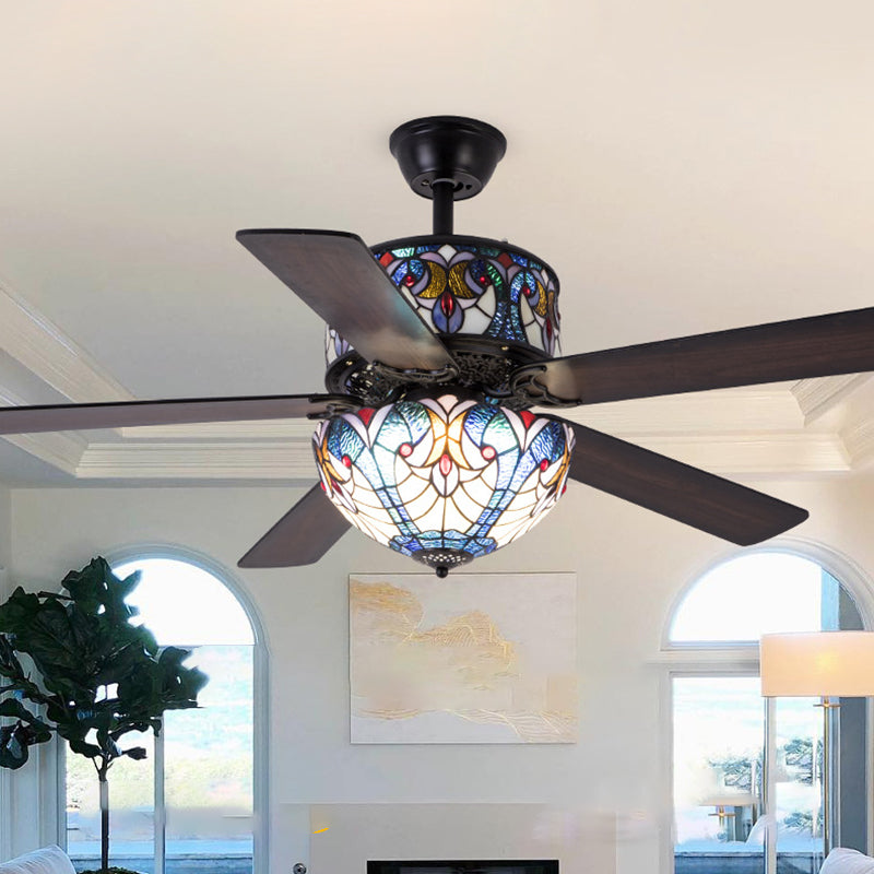 Tiffany Stained Glass Dome Ceiling Fan Light with 5 Downrods for Living Room