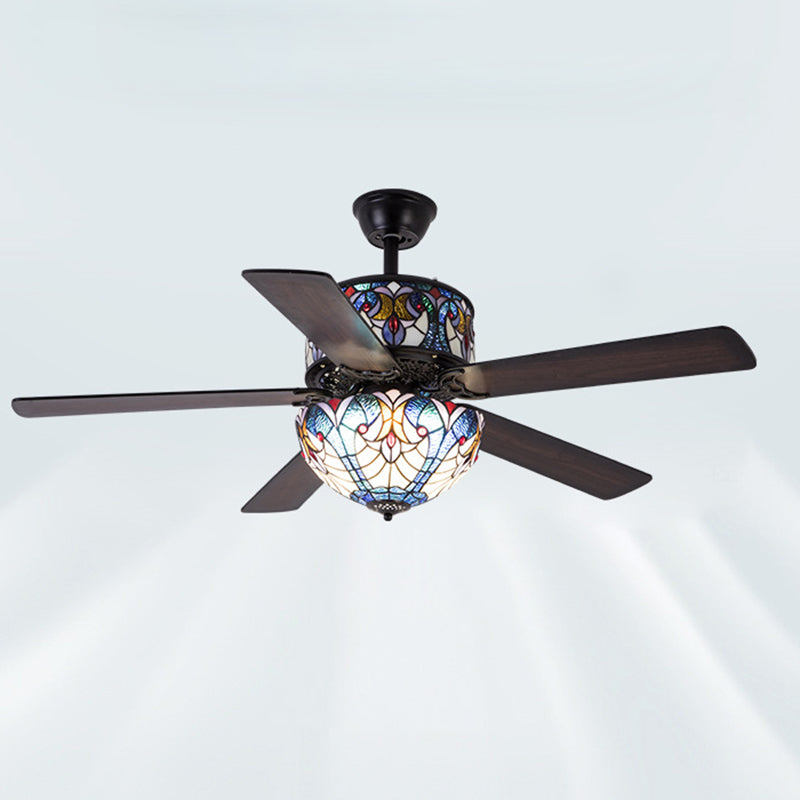 Tiffany Stained Glass Dome Ceiling Fan Light with 5 Downrods for Living Room