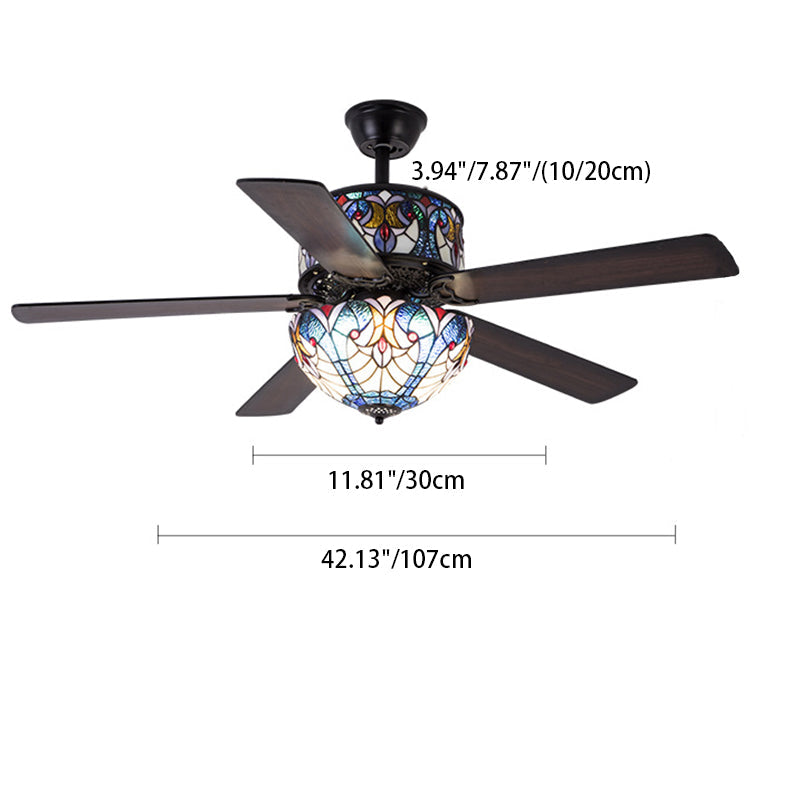 Tiffany Stained Glass Dome Ceiling Fan Light with 5 Downrods for Living Room