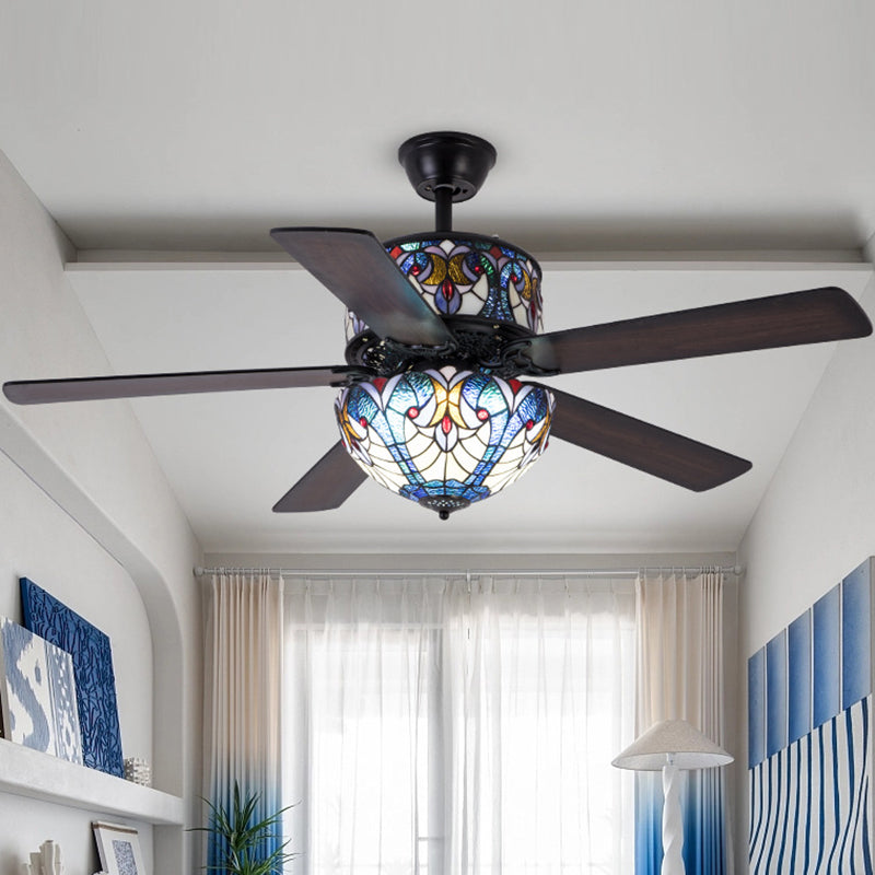 Tiffany Stained Glass Dome Ceiling Fan Light with 5 Downrods for Living Room