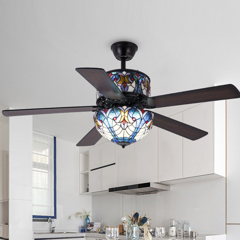 Tiffany Stained Glass Dome Ceiling Fan Light with 5 Downrods for Living Room