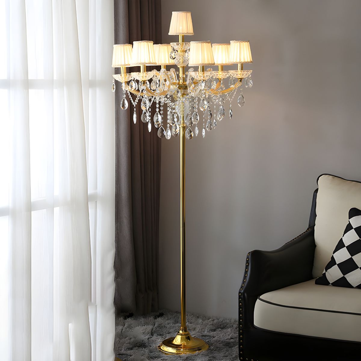 Traditional Pleated Fabric Shade Crystal Candelabra 7-Light Floor Lamp for Home Office