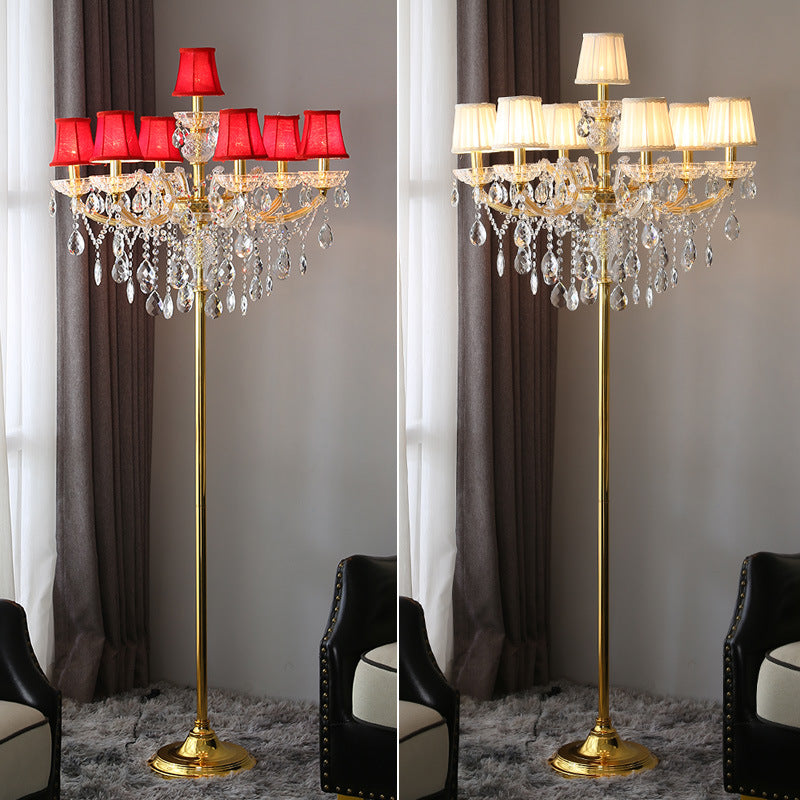 Traditional Pleated Fabric Shade Crystal Candelabra 7-Light Floor Lamp for Home Office