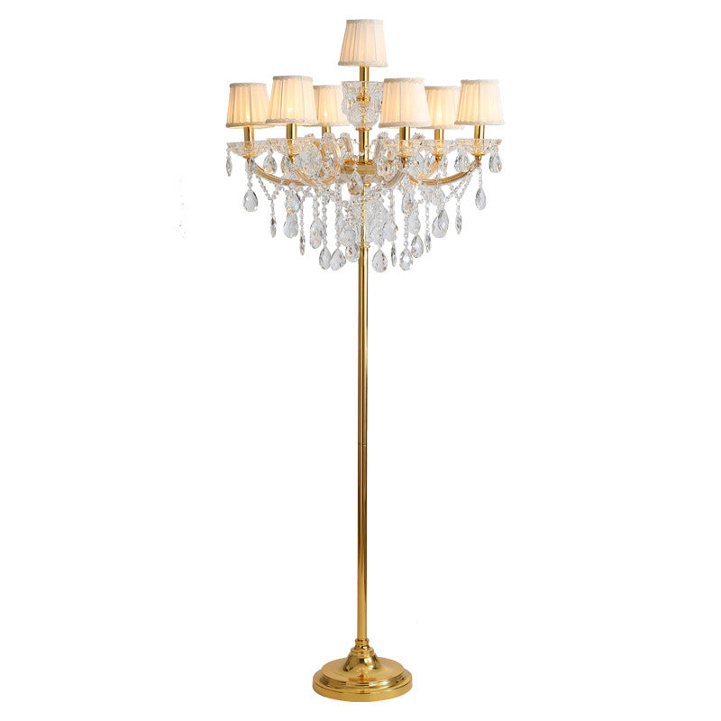 Traditional Pleated Fabric Shade Crystal Candelabra 7-Light Floor Lamp for Home Office
