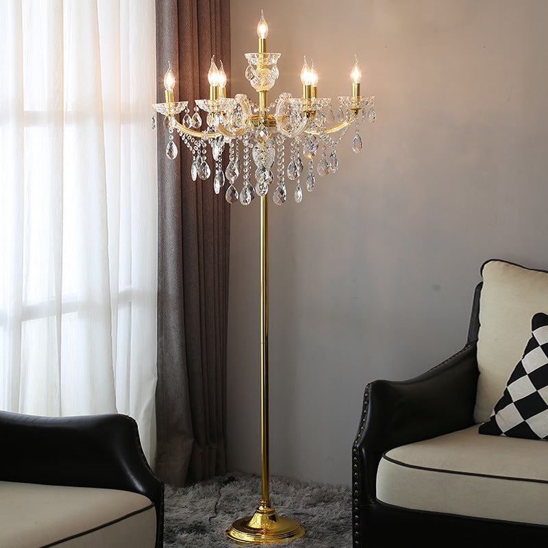 Traditional Pleated Fabric Shade Crystal Candelabra 7-Light Floor Lamp for Home Office
