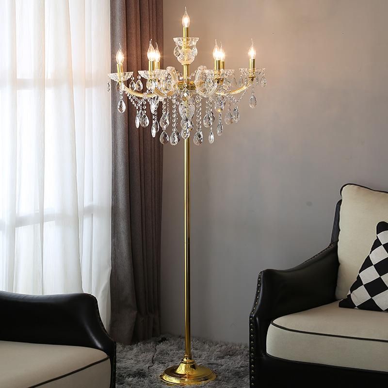 Traditional Pleated Fabric Shade Crystal Candelabra 7-Light Floor Lamp for Home Office