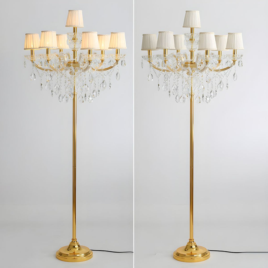 Traditional Pleated Fabric Shade Crystal Candelabra 7-Light Floor Lamp for Home Office
