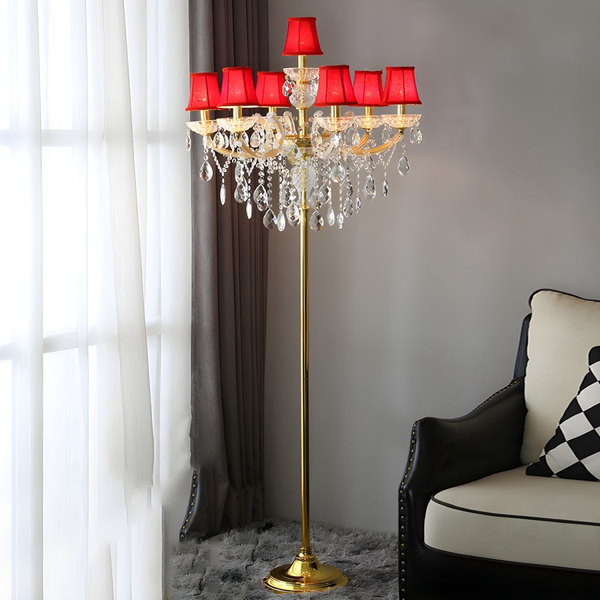 Traditional Pleated Fabric Shade Crystal Candelabra 7-Light Floor Lamp for Home Office