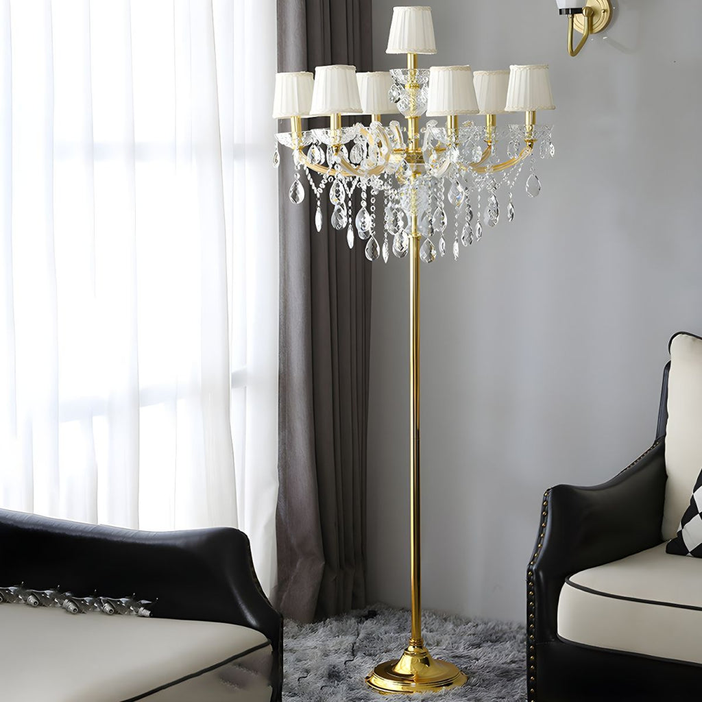 Traditional Pleated Fabric Shade Crystal Candelabra 7-Light Floor Lamp for Home Office