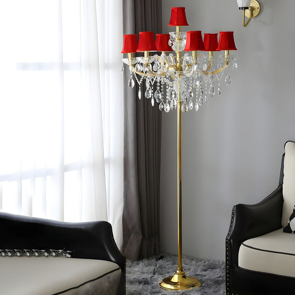 Traditional Pleated Fabric Shade Crystal Candelabra 7-Light Floor Lamp for Home Office