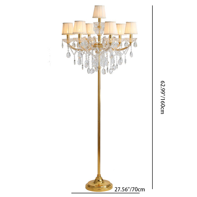 Traditional Pleated Fabric Shade Crystal Candelabra 7-Light Floor Lamp for Home Office