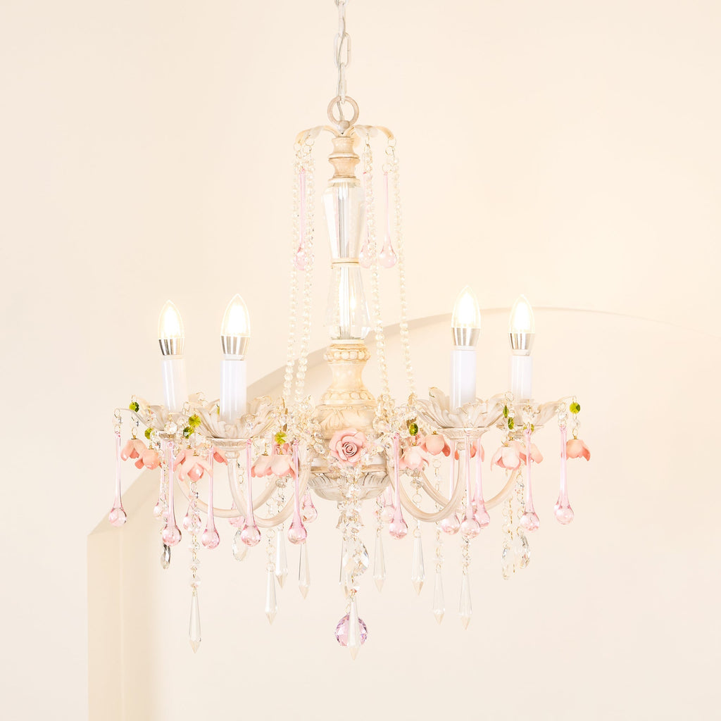 Traditional French Rose Crystal Candelabra 5-Light Chandelier for Living Room