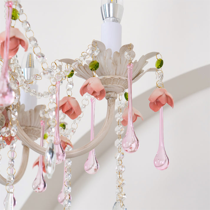 Traditional French Rose Crystal Candelabra 5-Light Chandelier for Living Room