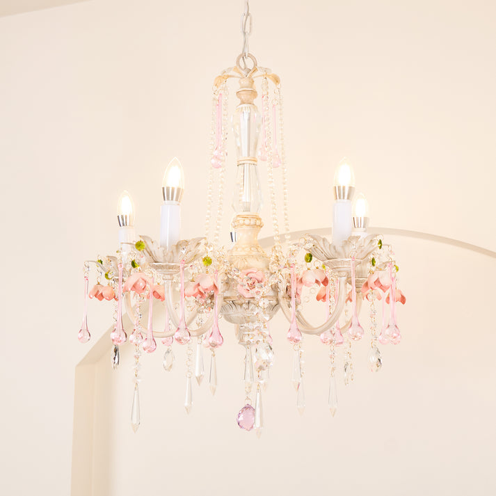 Traditional French Rose Crystal Candelabra 5-Light Chandelier for Living Room