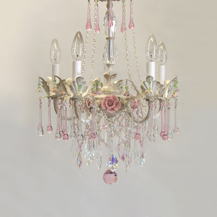 Traditional French Rose Crystal Candelabra 5-Light Chandelier for Living Room