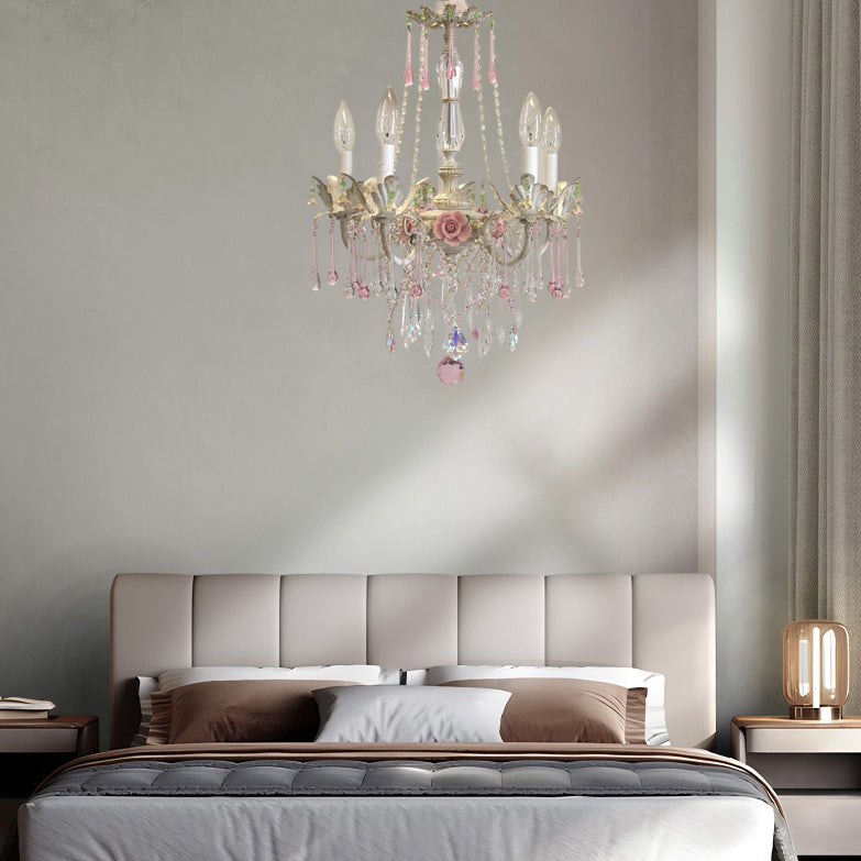 Traditional French Rose Crystal Candelabra 5-Light Chandelier for Living Room